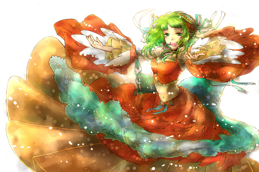 detached_sleeves frills frilly_dress green_eyes green_hair gumi hair_ornament hair_ribbons headset midriff nam_(hinsyo) navel open_mouth short_hair skirt solo vocaloid