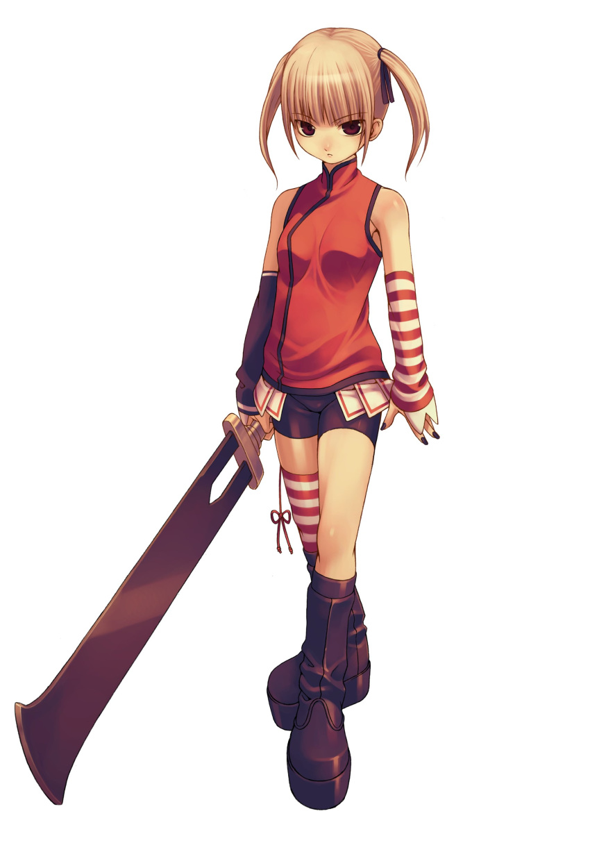 elbow_gloves flat_chest gothic highres loli short_hair spandex striped_thigh_highs sword thigh_highs twintails