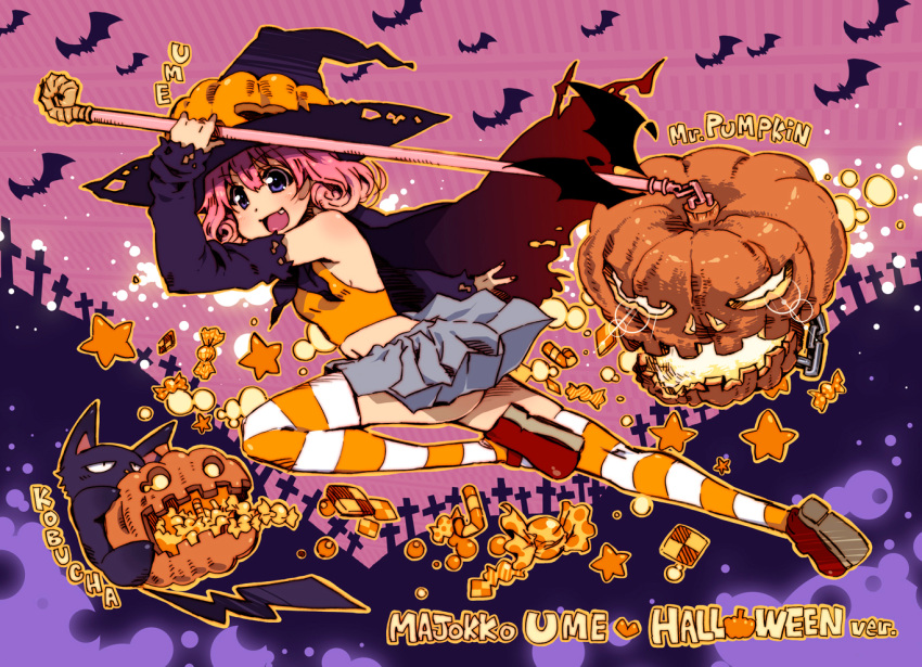 1girl candy cat checkerboard_cookie cookie food halloween jack-o'-lantern open_mouth original pink_hair pumpkin skirt solo striped striped_legwear takanashi_ringo thighhighs witch