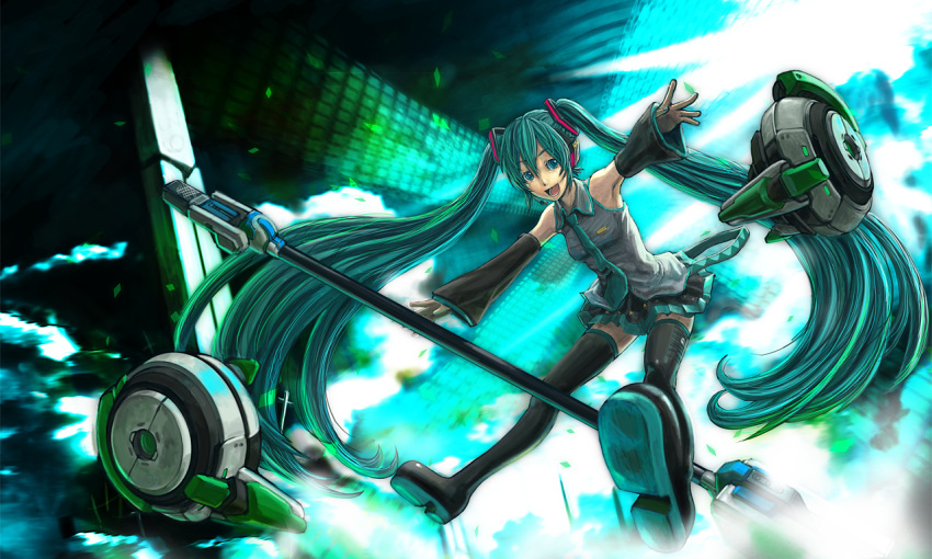 1girl aqua_hair blue_eyes detached_sleeves hands hatsune_miku legs long_hair microphone microphone_stand necktie okaka3 open_mouth skirt smile solo thighhighs twintails very_long_hair vocaloid zettai_ryouiki