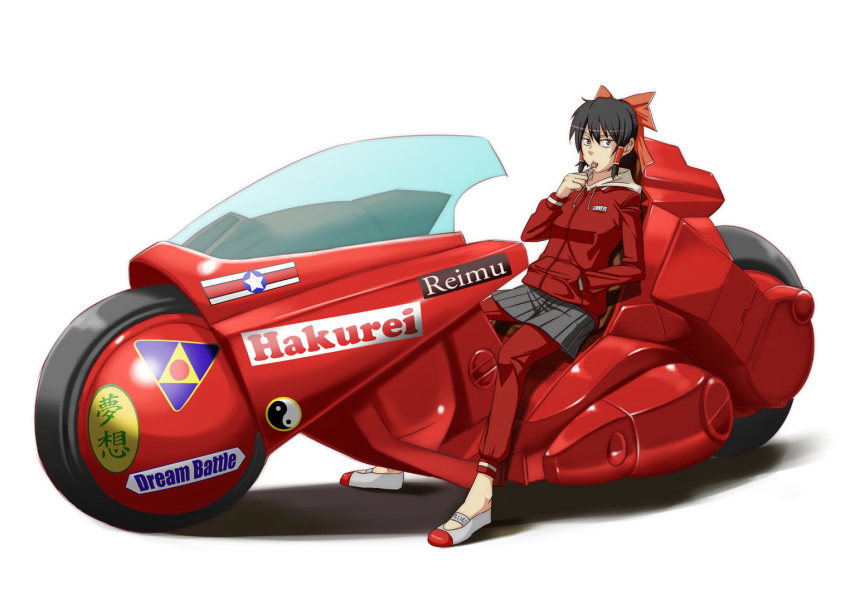 alternate_costume black_hair blush bow brown_eyes contemporary hair_bow hakurei_reimu hood jacket korofugi motor_vehicle motorcycle red ribbon touhou vehicle white