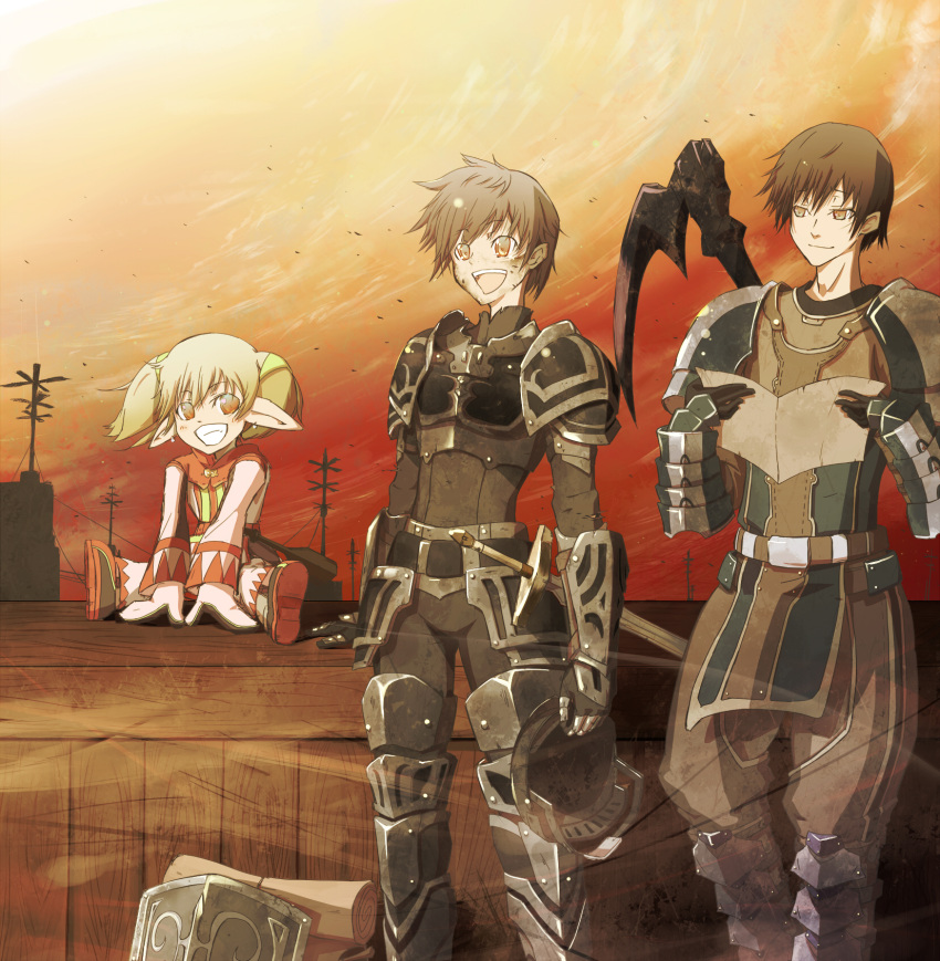 bad_id belt blonde_hair brown_hair dark_knight final_fantasy final_fantasy_xi helmet highres mace male pointy_ears scythe shield sky sword tarutaru twintails vane weapon white_mage