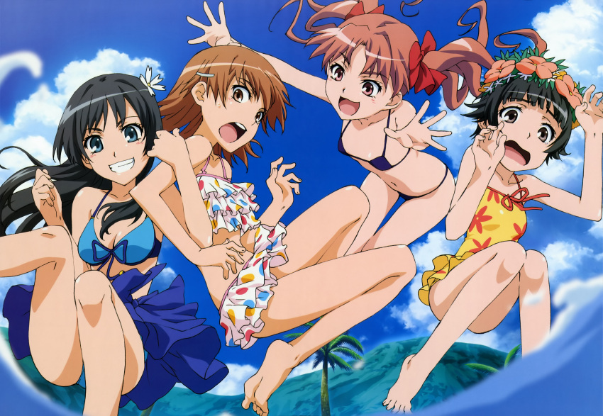 4girls absurdres arm_hug barefoot bent_over bikini black_hair blue_eyes bow breasts brown_eyes brown_hair cleavage cloud feet flat_chest flower frilled_swimsuit frills from_below front-tie_top grey_eyes grin hair_bow hair_flower hair_ornament hairclip head_wreath highres jumping legs long_hair micro_bikini misaka_mikoto multiple_girls nyantype official_art one-piece_swimsuit open_mouth outdoors outstretched_arms palm_tree pink_eyes pink_hair polka_dot polka_dot_swimsuit sarong saten_ruiko scan scared shirai_kuroko short_hair sky smile splash spread_arms swimsuit tankini thigh_gap to_aru_kagaku_no_railgun to_aru_majutsu_no_index tree twintails uiharu_kazari water