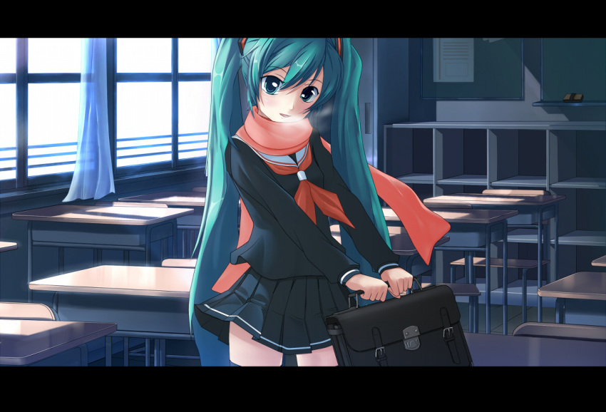 1girl aqua_eyes aqua_hair briefcase chair classroom cold desk eto hatsune_miku indoors long_hair scarf school school_uniform serafuku skirt solo thigh-highs thighhighs twintails very_long_hair vocaloid zettai_ryouiki