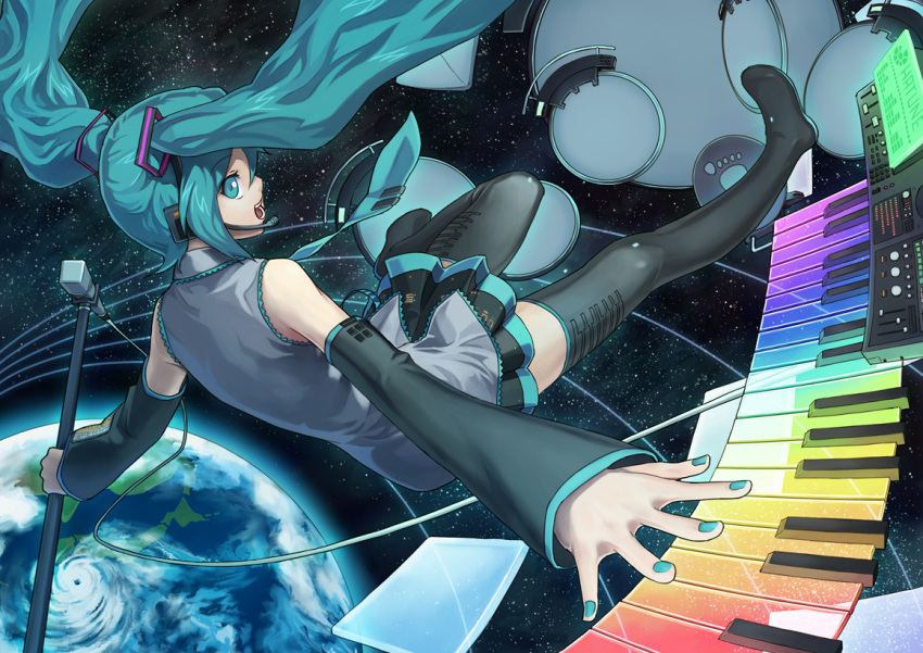 aqua_hair detached_sleeves earth gradient hatsune_miku instrument keyboard_(instrument) long_hair microphone microphone_stand nail_polish necktie outstretched_arm ryuutetsu skirt space synthesizer thighhighs twintails typhoon vocaloid zettai_ryouiki