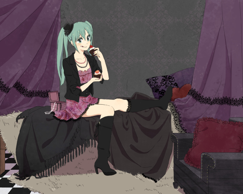 :q aqua_eyes aqua_hair bad_id boots chair checkered checkered_floor cupcake curtains cushion dress eating hat hatsune_miku jewelry kishida_nica knee_boots long_hair mini_top_hat nail_polish necklace single_shoe sitting solo tongue top_hat twintails vocaloid