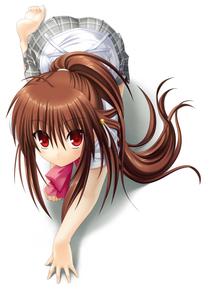 ass blush bow brown_hair feet little_busters!! long_hair natsume_rin ponytail red_eyes skirt solo uniform