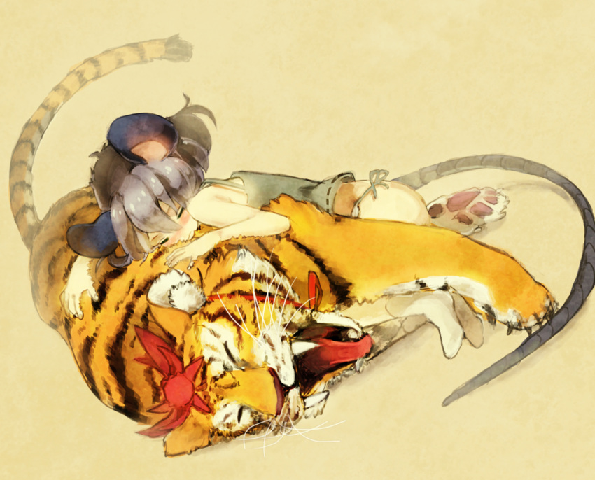 1girl camisole female grey_hair hands hug lying mouse_ears mouse_tail nazrin no_pants on_side panties shippo_(skink) short_hair side-tie_panties sleeping socks tail tiger toramaru_shou toramaru_shou_(tiger) touhou underwear yawning