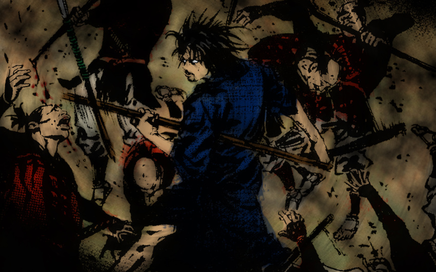 blood fighting injury japanese_clothes miyamoto_musashi spear vagabond weapon