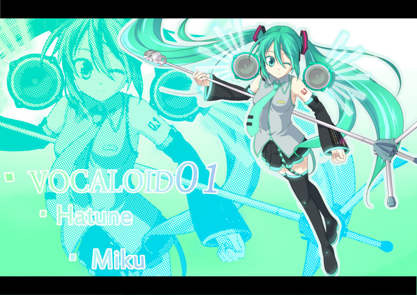 detached_sleeves hatsune_miku microphone twintails vocaloid wink zoom_layer