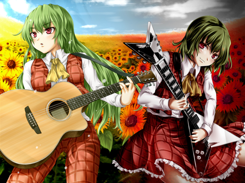 acoustic_guitar ascot dual_persona flower flower_field green_hair guitar instrument kazami_yuuka kazami_yuuka_(pc-98) long_hair mochi.f plaid plaid_pants plaid_skirt plaid_vest red_eyes short_hair skirt skirt_set smirk sunflower touhou touhou_(pc-98) wallpaper