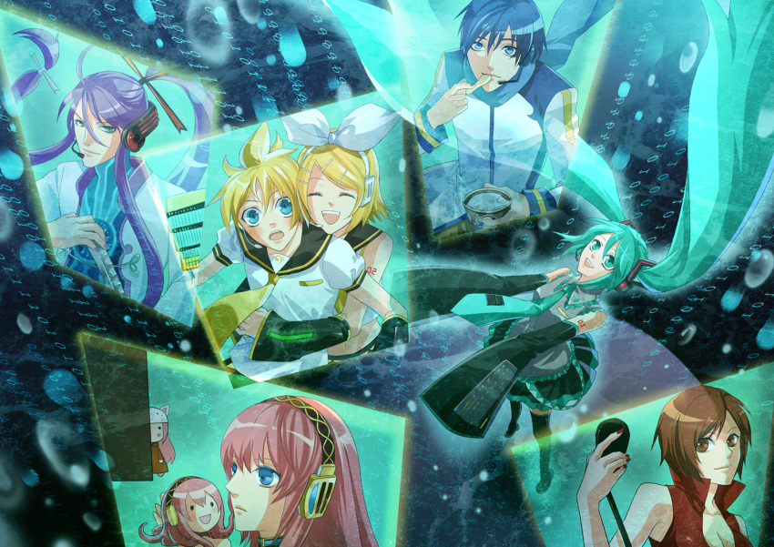 aqua_eyes aqua_hair blonde_hair blue_eyes blue_hair brown_eyes brown_hair cat_hat detached_sleeves food hair_ornament hair_ribbon hairclip hat hatsune_miku ice_cream kagamine_len kagamine_rin kaito kamui_gakupo long_hair megurine_luka megurine_luka_(toeto) meiko microphone midorigawa_akari necktie peeking_out ponytail purple_hair ribbon scarf short_hair skirt smile sword takoluka toeto toeto_(vocaloid) twintails vocaloid weapon