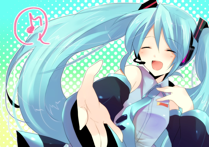 closed_eyes detached_sleeves hands hatsune_miku headset highres kurohara_yuu long_hair musical_note necktie open_mouth outstretched_arm outstretched_hand reaching twintails vocaloid
