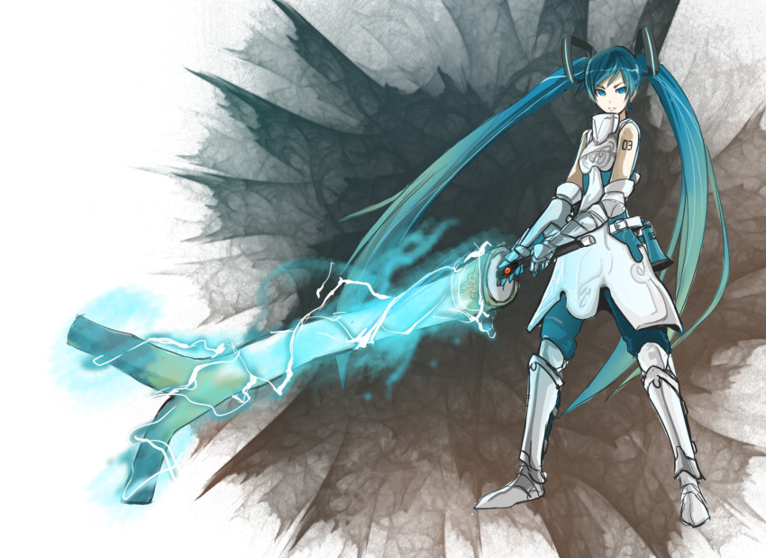 1girl aqua_eyes aqua_hair armor bad_id chanchan electricity gauntlets greaves hatsune_miku highres long_hair looking_at_viewer monster_hunter parody solo spring_onion sword themed_object twintails very_long_hair vocaloid weapon