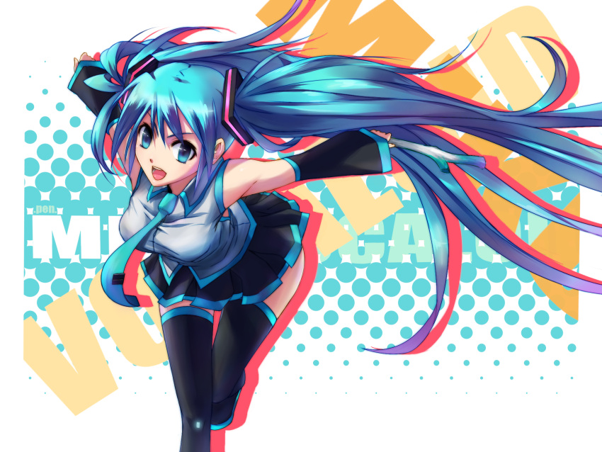 aqua_eyes aqua_hair bad_id detached_sleeves hatsune_miku headset highres leaning_forward long_hair necktie open_mouth outstretched_arms skirt solo spread_arms spring_onion steelleets thigh-highs thighhighs twintails very_long_hair vocaloid zettai_ryouiki