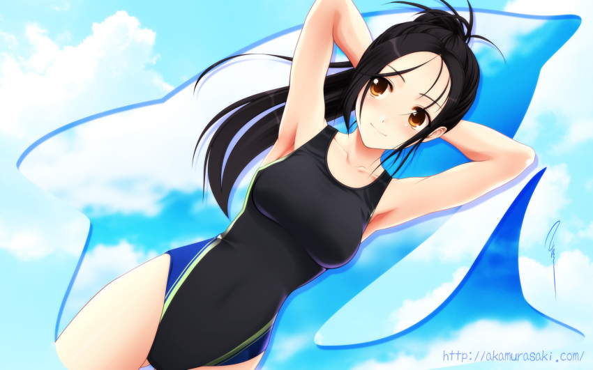 aizawa_kotarou black_hair blush competition_swimsuit swimsuit watermark