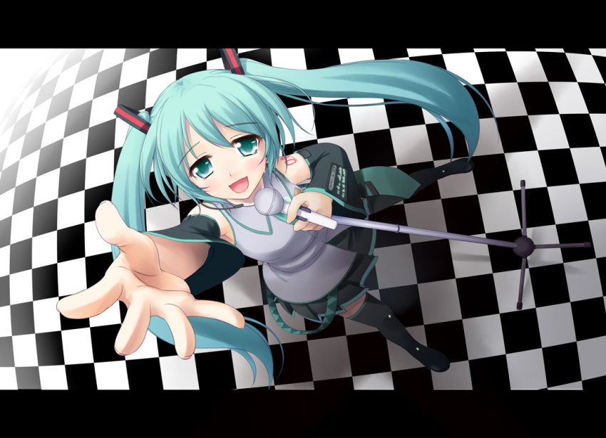aqua_eyes aqua_hair boots checkered detached_sleeves foreshortening hands hatsune_miku kazami_fukashido long_hair microphone open_mouth outstretched_arm outstretched_hand reaching tears thigh_boots thighhighs twintails vocaloid