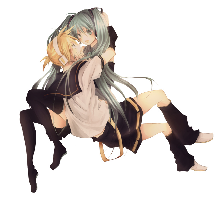 aqua_eyes aqua_hair bad_id blonde_hair detached_sleeves hatsune_miku headphones headset highres hug kagamine_len long_hair necktie ou_(swdp) short_hair shorts simple_background skirt smile thighhighs twintails vocaloid zettai_ryouiki