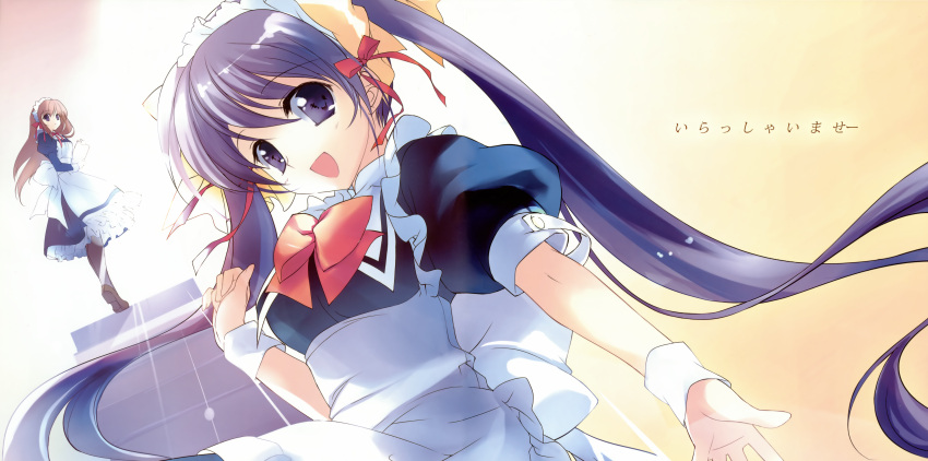 :d absurdres brown_hair highres huge_filesize long_hair maid maid_headdress multiple_girls open_mouth original puffy_short_sleeves puffy_sleeves purple_eyes purple_hair rei rei_(rei's_room) scan short_sleeves smile translated twintails widescreen wrist_cuffs