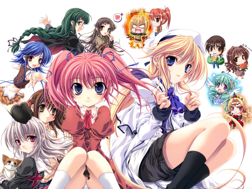 ahoge angel_wings angry beret black_hair blonde_hair blue_eyes blue_hair braid brown_eyes brown_hair character_request chibi cross dog everyone food fruit fujiwara_benio glasses green_eyes green_hair grey_hair hair_ribbon harada_hikari hat heart heathcliff_cosgrave highres honjou_ayahito kashima_kiyomi kashima_sachiko katsuragi_kao kishi_aimi kishi_shouko long_hair miyama-zero multiple_girls nonohara_nonono ousaka_haruna outstretched_arm outstretched_hand panties pantyshot pantyshot_sitting pink_hair ponytail princess_brave purple_eyes reaching red_eyes red_hair ribbon sakurami_shieru shorts side_ponytail silver_hair sitting smile socks twintails underwear v very_long_hair wallpaper watermelon white_panties wings