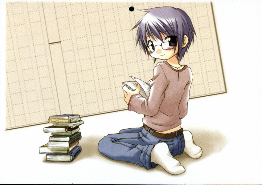 book book_stack glasses hidamari_sketch highres looking_back official_art open_book sae scan sitting solo wariza