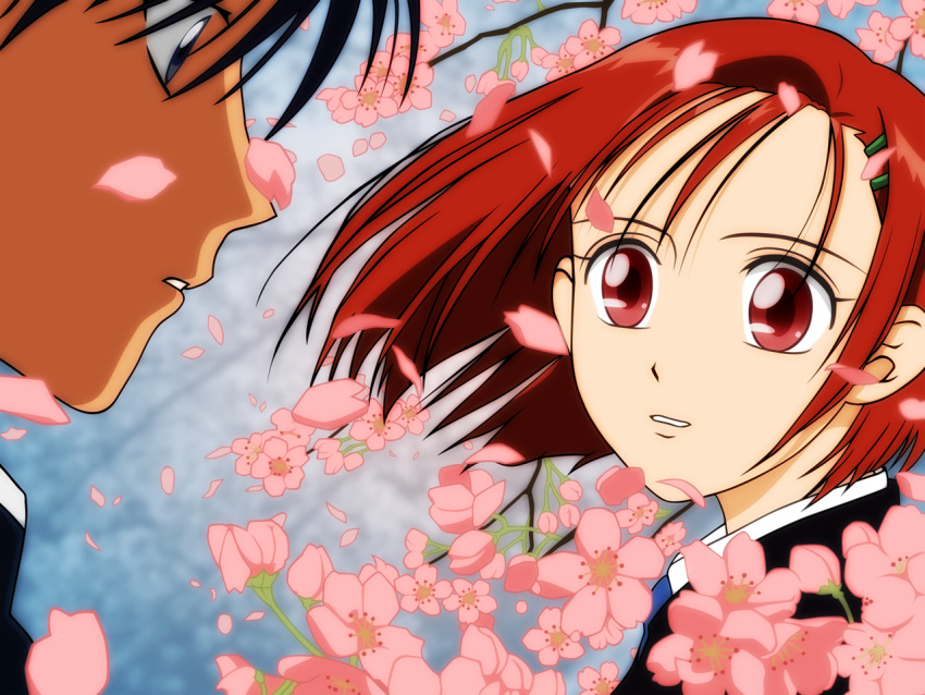 arima_soichirou cherry_blossoms kare_kano karekano kareshi_kanojo_no_jijou miyazawa_yukino red_eyes red_hair short_hair vector_trace