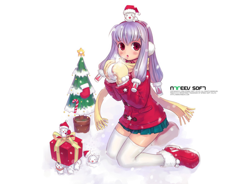christmas earmuffs mittens pangya purple_hair red_eyes santa_hat scarf skirt snow snowball snowman tagme thigh-highs