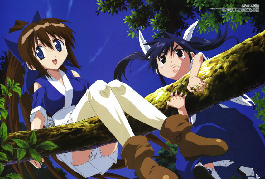 absurdres ayane_(nagasarete_airantou) black_eyes blue_eyes blue_hair boots brown_hair frown hair_ribbon highres hosoda_naoto in_tree japanese_clothes leaf long_hair megami miko multiple_girls nagasarete_airantou ninja outdoors panties pantyshot ponytail ribbon sandals scan sitting sitting_in_tree skirt sky socks suzu suzu_(nagasarete_airantou) tears thighhighs tree twintails underwear upskirt very_long_hair