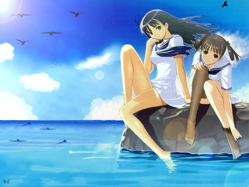 barefoot bird black_hair blush cloud feet_in_water legs lens_flare long_hair mizushima_asa multiple_girls sailor_dress school_uniform serafuku sitting sky smile soaking_feet sora_no_iro_mizu_no_iro sorayama_natsume sun taka_tony thighhighs twintails undressing wallpaper water wind