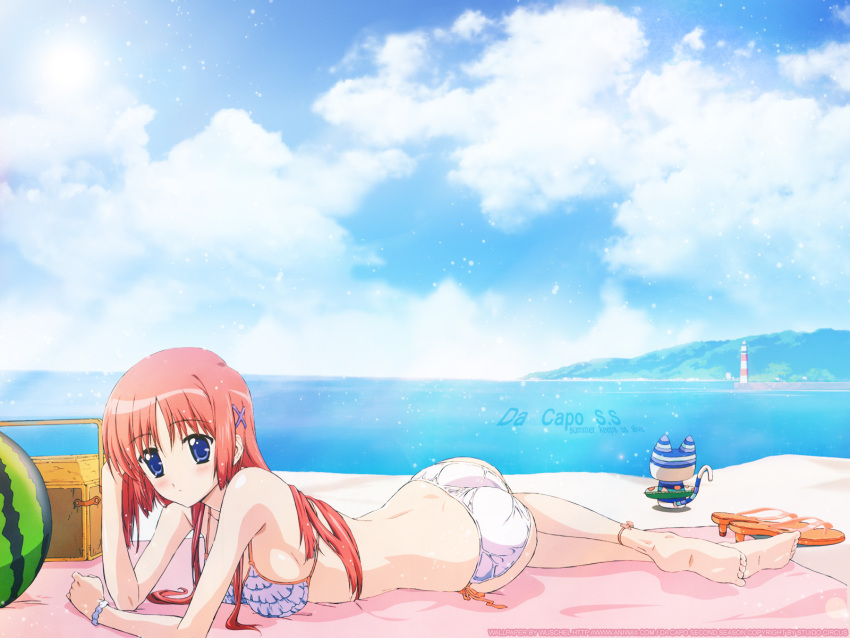 barefoot beach bikini blanket blue_eyes blush cat cloud da_capo dimples_of_venus english feet food forest frilled_bikini frills fruit hair_ribbon highres innertube lighthouse lying megami nature ocean on_stomach picnic_basket red_hair ribbon sandals shirakawa_kotori side-tie_bikini sky soles sparkle summer sun swim_cap swimsuit utamaru wallpaper water watermark watermelon wristband