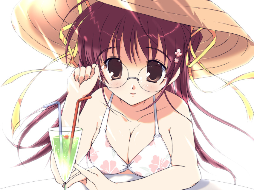 breasts brown_eyes cleavage drink glass glasses hat highres long_hair mikeou purple_hair smile_summer swimsuit wallpaper