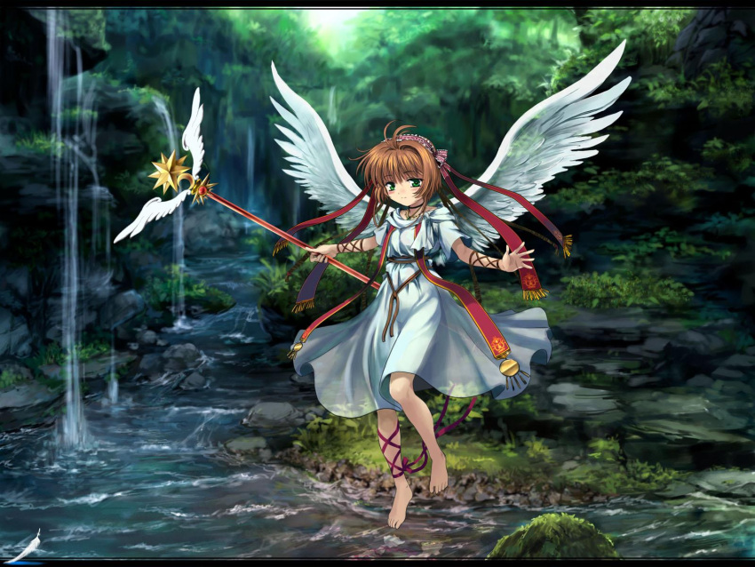 barefoot brown_hair card_captor_sakura cardcaptor_sakura feet_in_water forest green_eyes hair_ornament highres hoshi_no_tsue kinomoto_sakura magical_girl moonknives mutsuki_(moonknives) nature river short_hair skirt soaking_feet tree wallpaper water wings