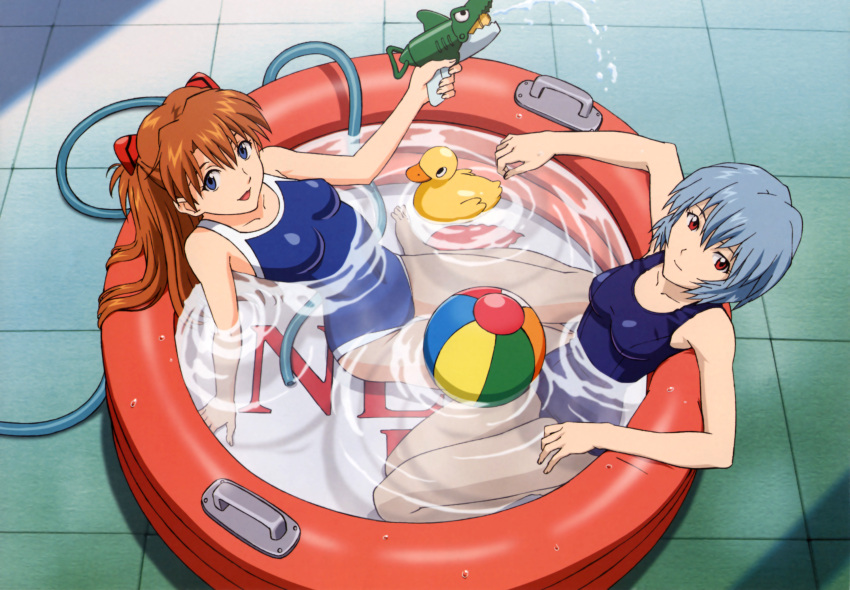 ayanami_rei ball blue_eyes blue_hair highres multiple_girls neon_genesis_evangelion one-piece_swimsuit pool red_eyes red_hair rubber_duck short_hair souryuu_asuka_langley swimsuit water_gun