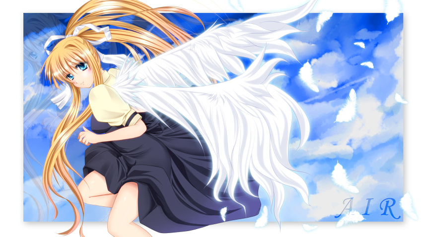 blonde_hair blue_eyes feathers fule highres kamio_misuzu long_hair ponytail school_uniform wings