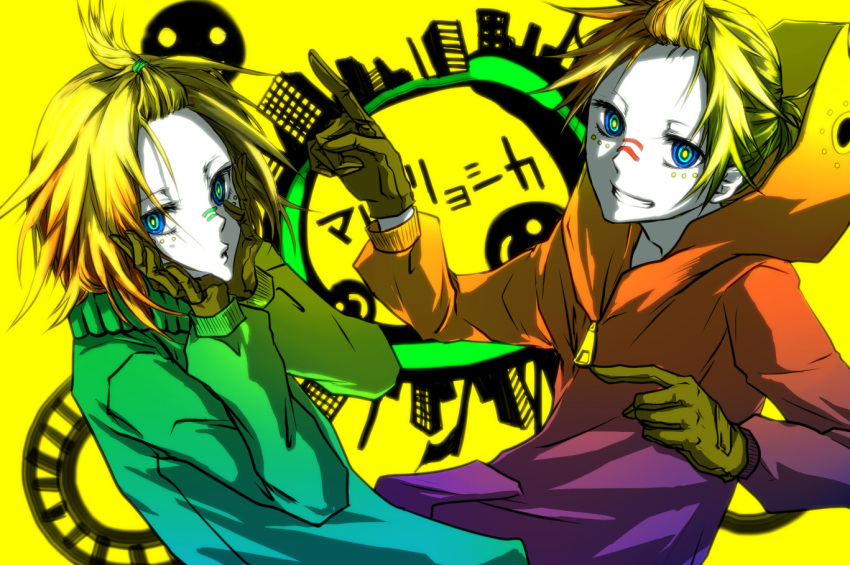 alternate_hairstyle bad_id blonde_hair brother_and_sister crazy_eyes gloves grin hoodie kagamine_len kagamine_rin matryoshka_(vocaloid) multicolored_eyes short_hair siblings smile supaidaman sweater twins vocaloid yellow_eyes