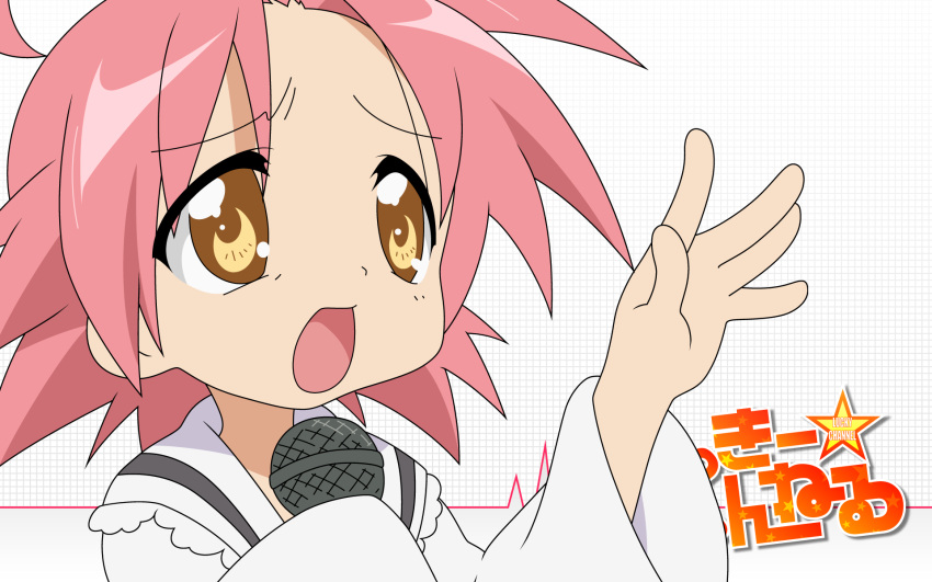 kogami_akira lucky_channel lucky_star microphone pink_hair short_hair white yellow_eyes