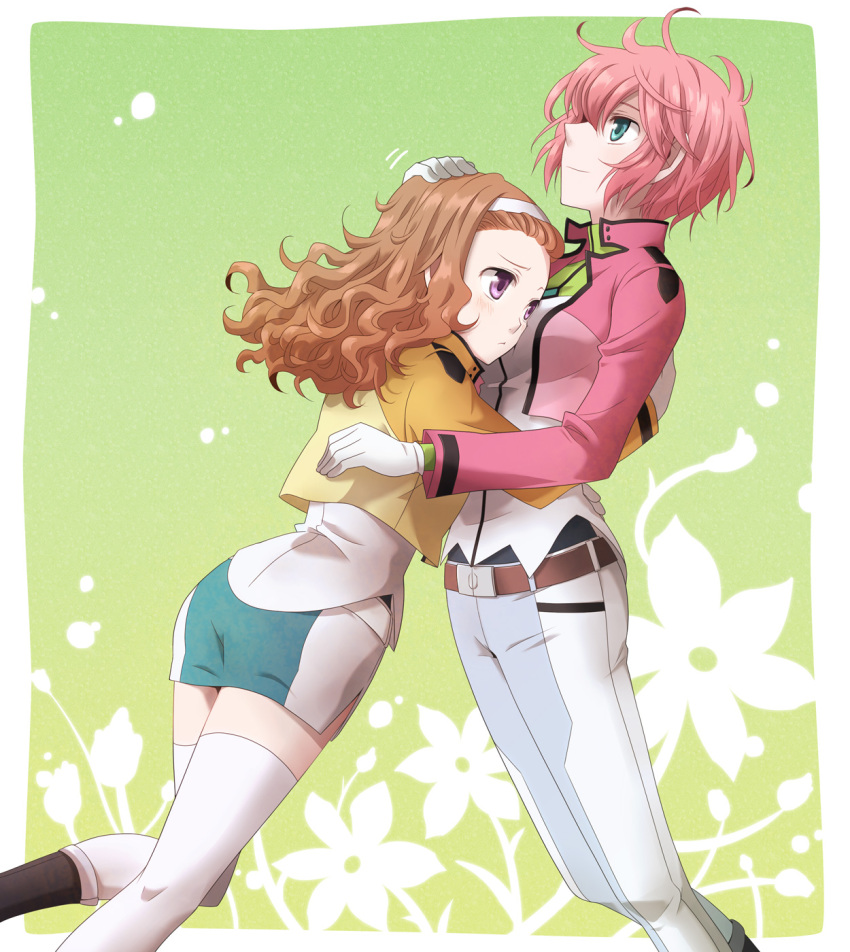 alternate_hairstyle blush breast_pillow brown_hair feldt_grace green_eyes gundam gundam_00 gundam_00_a_wakening_of_the_trailblazer hand_on_head headband highres hug jacket long_hair mileina_vashti miniskirt multiple_girls pink_hair purple_eyes short_hair skirt smile snowchild thigh-highs thighhighs violet_eyes white_legwear white_thighhighs