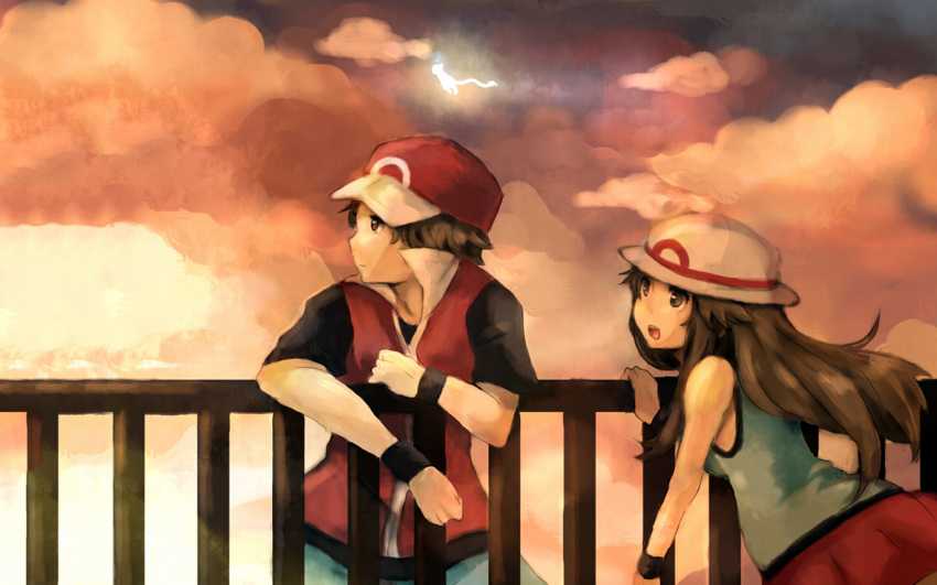 bare_shoulders baseball_cap brown_eyes brown_hair clouds glow hat jeans leaf_(pokemon) long_hair male mew nintendo open_mouth pokemon pokemon_(game) pokemon_firered_and_leafgreen popped_collar red_(pokemon) short_hair skirt sky sunset surprise vest wristband