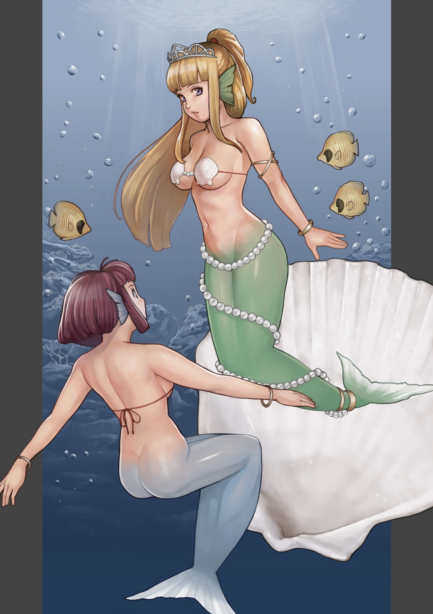 armband ass bangs blonde_hair blunt_bangs bracelet breasts brown_eyes brown_hair clam fish highres jewelry large_breasts long_hair mermaid monster_girl noriyasu original payot pearl ponytail purple_eyes shell shell_bikini tiara underwater violet_eyes