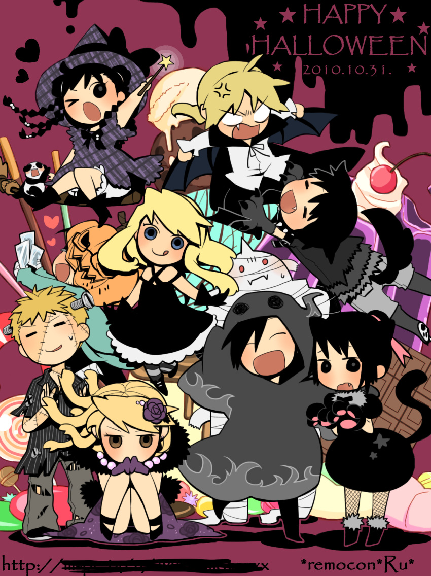 alphonse_elric angry bad_id bandages black_hair blonde_hair blue_eyes chibi dress edward_elric food fullmetal_alchemist halloween hat highres jean_havoc lan_fan ling_yao maes_hughes may_chang open_mouth panda paws ponytail rarirureronn riza_hawkeye roy_mustang ru_(xremotex) stitches tail winry_rockbell witch_hat wolf_tail xiao-mei