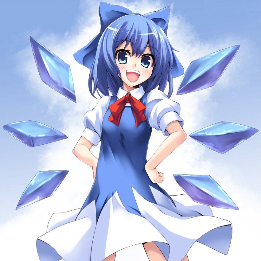 :d asu_hare blue_eyes blue_hair bow cirno dress hair_bow hands_on_hips highres looking_at_viewer open_mouth short_hair smile solo touhou wings