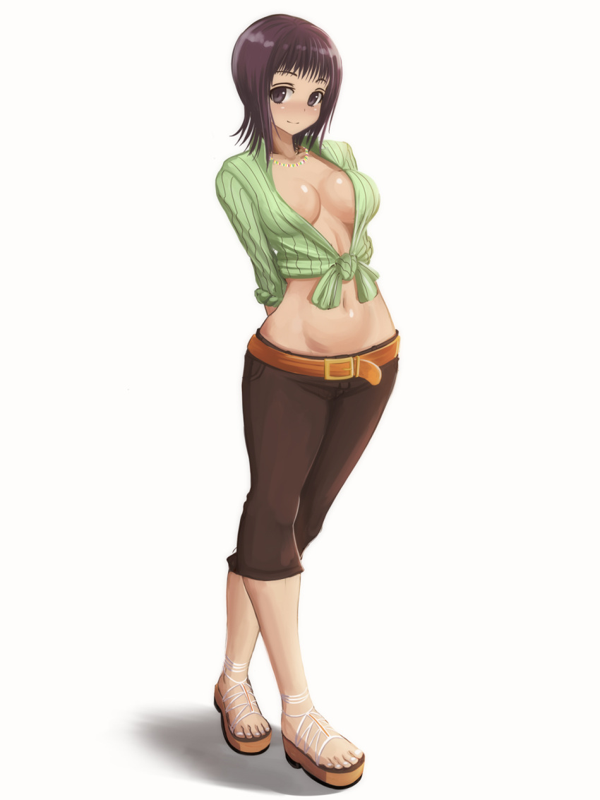 anklet artist_request bag belt bracelet breasts brown_eyes brown_hair capri_pants cleavage front-tie_top highres hips itsuwa jewelry midriff navel necklace no_bra platform_footwear sandals short_hair sleeves_rolled_up smile solo sueyuu tied_shirt to_aru_majutsu_no_index