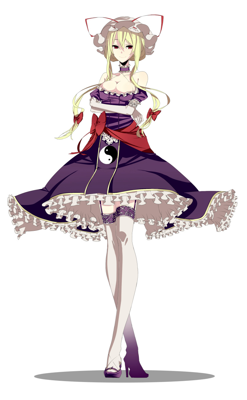 absurdres adapted_costume bare_shoulders blonde_hair breasts choker crossed_legs_(standing) elbow_gloves gloves hat highres lace lace-trimmed_thighhighs legs red_eyes shinoi short_hair simple_background smile solo standing thigh-highs thighhighs touhou white_legwear yakumo_yukari yin_yang