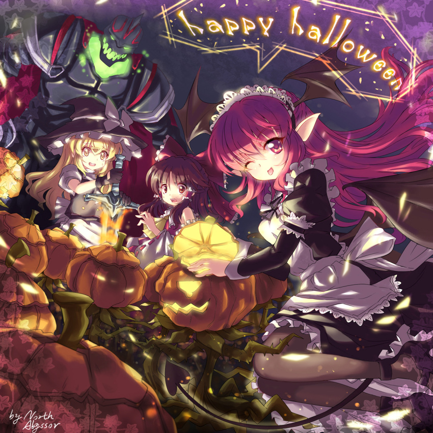 :d abyss_of_parliament alternate_costume bat_wings black_hair blonde_hair bow demon_tail detached_sleeves enmaided glowing hair_bow hakurei_reimu halloween hat head_wings high_heels highres jack-o'-lantern jack-o'-lantern kirisame_marisa koakuma maid multiple_girls north_abyssor open_mouth pantyhose pointy_ears pumpkin red_eyes red_hair shoes smile sword tail touhou warcraft weapon wings wink witch_hat world_of_warcraft yellow_eyes