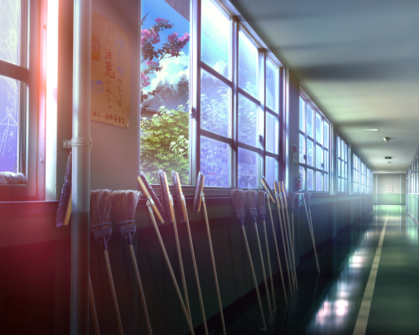 ai_ai_gasa broom cloud flower_request hallway mop no_humans original photorealistic reflective_floor scenery school sky sunlight tree window