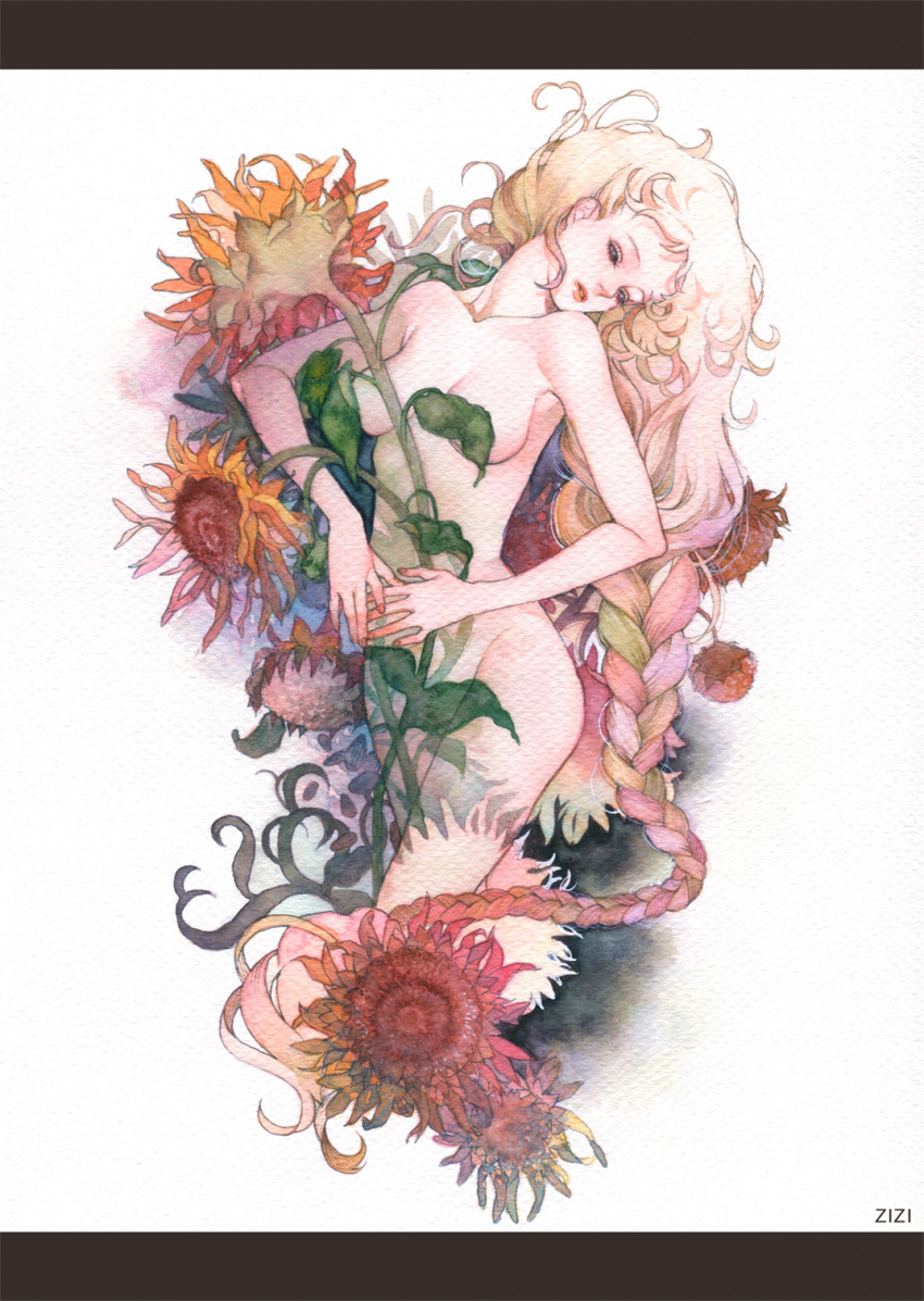 breasts censored convenient_censoring flower head_tilt highres long_hair multicolored_hair nude original plant solo traditional_media very_long_hair watercolor_(medium) zizizy