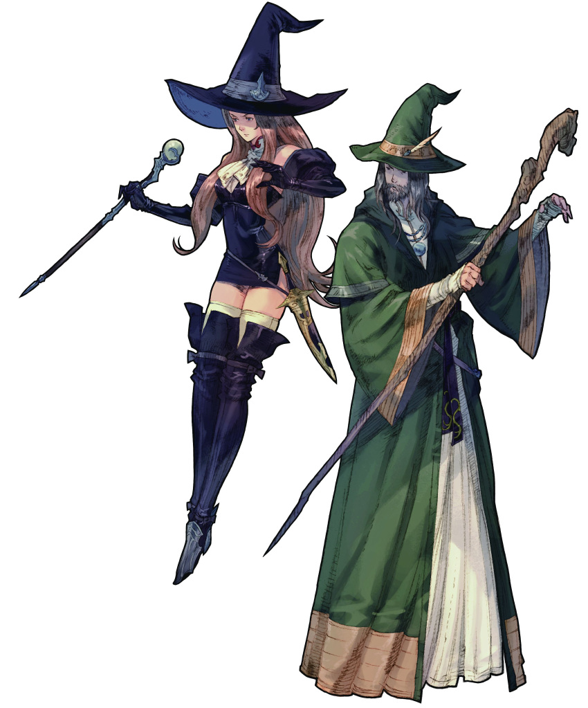 beard boots elbow_gloves facial_hair gloves hat highres long_hair official_art simple_background skirt square_enix staff standing tactics_ogre thigh_boots thighhighs wand weapon witch witch_(tactics_ogre) witch_hat wizard yoshida_akihiko