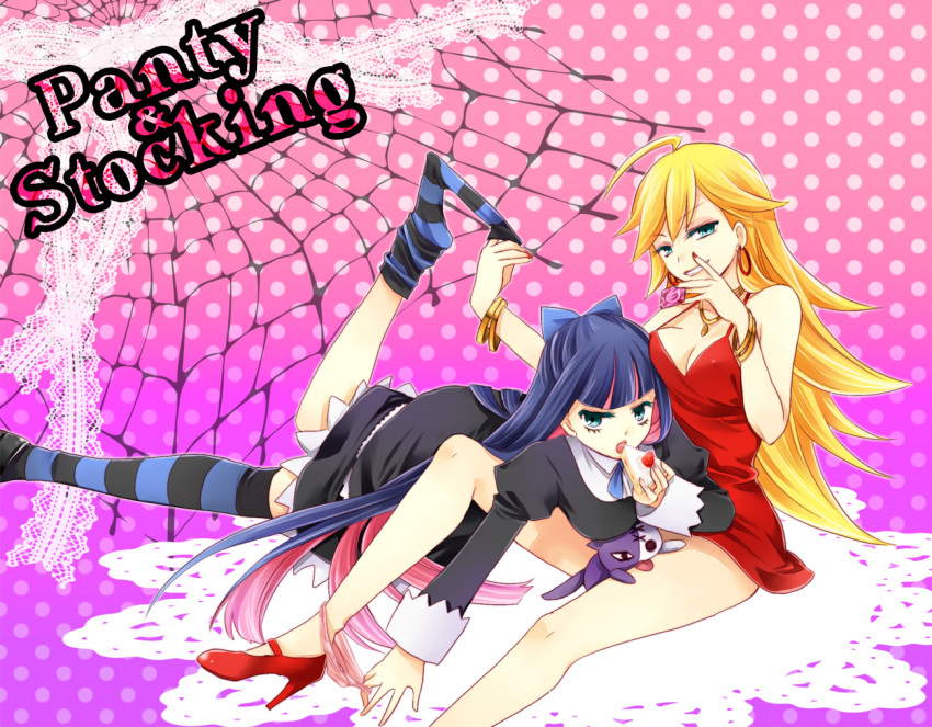 2girls blonde_hair blue_hair cake cleavage dress erect_nipples green_eyes panty panty_&amp;_stocking_with_garterbelt pink stocking thigh-highs