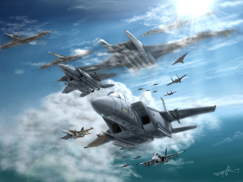 ace_combat ace_combat_6 aigaion aim-120_amraam aim-9_sidewinder airplane cloud clouds cottus f-15 f-18 flying flying_boat highres jet lens_flare missile no_humans ocean signature sky su-33 sun thompson