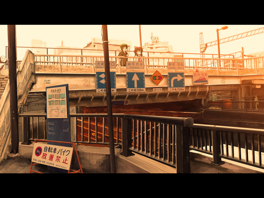 cityscape hakurei_reimu hat highres letterboxed making_of pedestrian_bridge real_teruteru_kokeshi real_world_location ribbon road road_sign ryogo ryougo scenery sign tokyo_(city) touhou wallpaper yumekui_merry zun